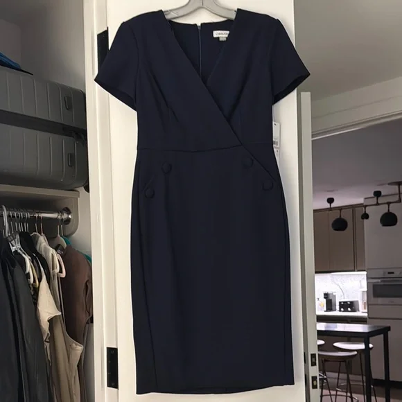 Calvin Klein | Dresses | Calvin Klein Black Sheath Midi Dress Vneck Short  Sleeve | Poshmark